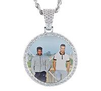 YIMERAIRE Custom Photo Necklace Personalised Picture Necklace For Women Men Customised Circle Pendant Silver / Gold Hip Hop Jewellery Rope Chain With Iced Out Pendant Come With Gift Box, 20in/ 51cm