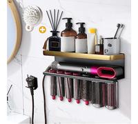 Yimerlen Straightener Holder Compatible with Dyson Airwrap Wall Mount Storage Rack for Curling Iron Attachments and Complete Styler (Gold/Black, with Air Cushion Comb)