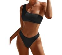 YIMISAN Women's Ribbed Bikini Sets One Shoulder Top with Mid Waist Two Piece Bathing Suit, Black, S