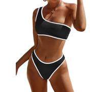 YIMISAN Women's Ribbed Bikini Sets One Shoulder Top with Mid Waist Two Piece Bathing Suit, Black&White, Large