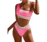 YIMISAN Women's Ribbed Bikini Sets One Shoulder Top with Mid Waist Two Piece Bathing Suit, Hot Pink1, S