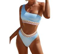 YIMISAN Women's Ribbed Bikini Sets One Shoulder Top with Mid Waist Two Piece Bathing Suit, Light Blue1, XS