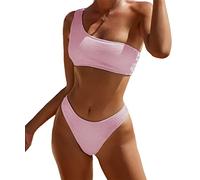 YIMISAN Women's Ribbed Bikini Sets One Shoulder Top with Mid Waist Two Piece Bathing Suit, Light Pink, Medium