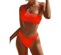 YIMISAN Women's Ribbed Bikini Sets One Shoulder Top with Mid Waist Two Piece Bathing Suit, Orange, Large