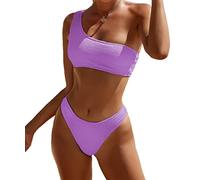YIMISAN Women's Ribbed Bikini Sets One Shoulder Top with Mid Waist Two Piece Bathing Suit, Purple, Medium
