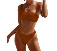 YIMISAN Women's Ribbed Bikini Sets One Shoulder Top with Mid Waist Two Piece Swimsuit Bathing Suit, Coffee, Medium