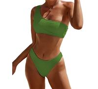 YIMISAN Women's Ribbed Bikini Sets One Shoulder Top with Mid Waist Two Piece Swimsuit, Green 1, Large