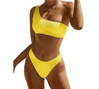YIMISAN Women's Ribbed Bikini Sets One Shoulder Top with Mid Waist Two Piece Swimsuits, Yellow, Small