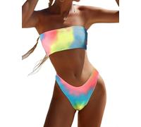 YIMISAN Women's Two Piece Bandeau Swimsuit Ribbed Strapless Tube Bikini Top with Mid Waist Cheeky Bottom Bathing Suit, Rainbow Tie Dye, XL