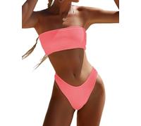 YIMISAN Women's Two Piece Bandeau Swimsuit Ribbed Strapless Tube Bikini Top with Mid Waist Cheeky Bottom Bathing Suit, Coral Pink, S