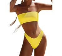 YIMISAN Women's Two Piece Bandeau Swimsuit Ribbed Strapless Tube Bikini Top with Mid Waist Cheeky Bottom Bathing Suit, Yellow, Medium