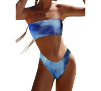 YIMISAN Women's Two Piece Bandeau Swimsuit Ribbed Strapless Tube Bikini Top with Mid Waist Cheeky Bottom Bathing Suit, Blue Tie Dye, S