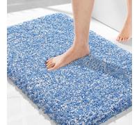 Yimobra Bath Mat, Super Shaggy Soft Comfortable Non Slip, Water Absorbent Microfiber Bath Mat, Dries Quickly, Machine Washable Thick Bathroom Floor Rugs for Shower, 51 x 81 cm, Blue and White