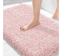 Yimobra Bath Mat, Super Shaggy Soft Comfortable Non Slip, Water Absorbent Microfiber Bath Mat, Dries Quickly, Machine Washable Thick Bathroom Floor Rugs for Shower, 92 x 61 cm, Light Pink and White