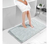 Yimobra Bath Mat, Super Shaggy Soft Comfortable Non Slip, Water Absorbent Microfiber Bath Mat, Dries Quickly, Machine Washable Thick Bathroom Floor Rugs for Shower, 120 x 61 cm, Light Blue and White