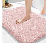 Yimobra Bath Mat, Super Shaggy Soft Comfortable Non Slip, Water Absorbent Microfiber Bath Mat, Dries Quickly, Machine Washable Thick Bathroom Floor Rugs for Shower, 43 x 61 cm, Light Pink and White