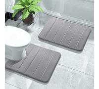 Yimobra Memory Foam Bath Mat Set, 2 Piece Soft Bathroom Rugs, 43x61 cm and 61x52 cm U-Shaped Rugs, Toilet Mat, Water Absorption, Non Slip, Thick, Dry Fast for Bathroom Floor Mat, Grey