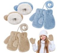 Yimomoyi 2 Pairs Kids Gloves, Mittens with String, Winter Warm Full Finger Mittens Toddler Mittens Thicken Thermal Plush Lining Gloves Hanging Neck Mittens for 3-7Years Boys and Girls (Khaki+Blue)