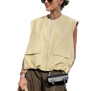 Yimoon Women’s Oversized Zip Up Cargo Vest Casual Ruched Hem Sleeveless Blazer Jackets Vest Top with Pockets, Lightyellow, M