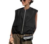 Yimoon Women’s Oversized Zip Up Cargo Vest Casual Ruched Hem Sleeveless Blazer Jackets Vest Top with Pockets, Black, M