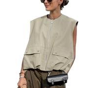 Yimoon Women’s Oversized Zip Up Cargo Vest Casual Ruched Hem Sleeveless Blazer Jackets Vest Top with Pockets, Khaki, Medium