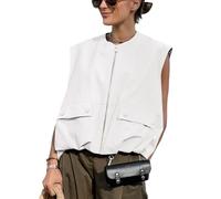 Yimoon Women’s Oversized Zip Up Cargo Vest Casual Ruched Hem Sleeveless Blazer Jackets Vest Top with Pockets, White, L