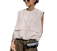 Yimoon Women’s Oversized Zip Up Cargo Vest Casual Ruched Hem Sleeveless Blazer Jackets Vest Top with Pockets, Grey, L
