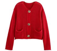 Yimoon Womens Cropped Cardigan Sweaters Gold Button Down Chunky Knit Sweaters Long Sleeve Open Front Fall Crochet Cardigan, Red, L