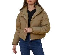 Yimoon Women's Cropped Puffer Jacket Hooded Zip Up Quilted Short Padded Coat Lightweight Winter Warm Outwear, Brown, S