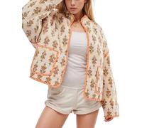 Yimoon Women's Cropped Puffer Quilted Jacket Vintage Floral Print Open Front Lightweight Short Jacket Outwear, Apricot, L