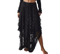 Yimoon Women's Floral Lace Long Skirts Elastic Asymmetrical Layered See-Through Maxi Skirts Sexy Sheer Flowy Beach Skirt, Black, S