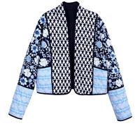 Yimoon Women's Quilted Jacket Lightweight Floral Print Cropped Puffer Coat Short Padded Open Front Winter Outwear, Navy, L