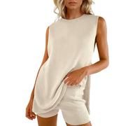 Yimoon Women's Summer Sweater Set 2 Piece Beach Vacation Outfits Clothes, Sleeveless Tunic Top Matching Shorts Lounge Set, Apricot, S