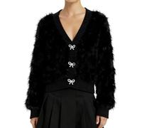 Yimoon Women's Women Crop Fuzzy Cardigan Sweater Bowknot Brooch Button Knit Cardigans V Neck Long Sleeve Soft Knitwear, Black, XL