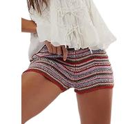 Yimoon Women's Y2K Striped Crochet Knit Shorts Rainbow Color Block Elastic Waisted Comfy Lounge Mini Shorts, Red, L