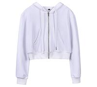 Yimoon Zip Up Hoodie Women Cropped Casual Sweatshirts Workout Long Sleeve Drawstring Hooded Jacket Crop Tops, White, Medium