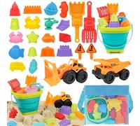 YIMORE Beach Sand Toys Kids Toddlers, 26 PCS Sand Pit Toys with Collapsible Bucket and Spade Beach Set Kids Digger Construction Toys Mesh Bag for Boys Girls