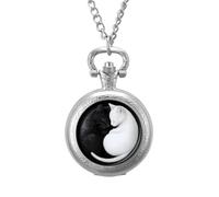 Yin and Yang Cat Vintage Pocket Watches Roman Numerals Quaretz Watch with Chain Christmas Birthday Gifts Silver-Style