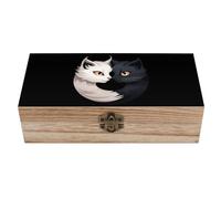 Yin And Yang Cats Funny Wooden Box with Hinged Lid Decorative Wood Storage Box Cabinet Container for Home Office