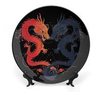 Yin And Yang Japanese Dragons Bone China Decorative Plate Ceramic Plates Printed Round Dinner Plates Crafts with Display Stand