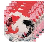Yin And Yang Japanese Fish on Great Wave Cloth Napkin Table 19x19 Inch Tablecloth Washable Dinner Napkins for Wedding Parties Decor