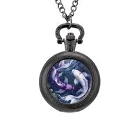 Yin and Yang Japanese Fish Vintage Pocket Watch Alloy Pendant Watches Necklace Gift for Men Women Black-Style