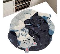 Yin Ya-ng Cat Bath Mat, Black White Cat Rug, Small Round Anti Slip, Goth Abstract Microfiber
