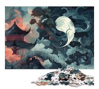 Yin Yang Blue Asian Temple Puzzle for Adults 500 Pieces Wood Puzzles Home Educational Games DIY Toys 500pcs (52x38cm)