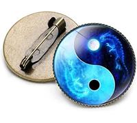 Yin Yang Brooches for Men - Black & White Tai Chi, Butterfly Dragon, Cat Pattern Round Brooch with Glass Crystal Gem