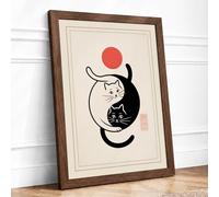Yin Yang Cats Japandi Framed Wall Art Print A4 (29.7×21cm) Walnut, Wall Decor for Living Room, Bedroom, Office & Home, Ready to Hang, Art Gift