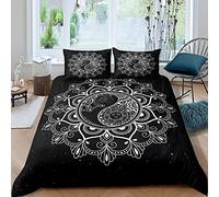 Yin Yang Comforter Cover, Mandala Bohemian Lotus Egyptian Sun Moon Retro Exotic Starry Sky Bedding Set For Adult, Decorative 3 Piece Duvet Cover With 2 Pillow Shams, Double Size, White Black