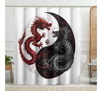 Yin Yang Dragon Shower Curtain, Red Black Chinese Dragon Bathroom Decor, Spring Summer Modern Artistic Waterproof Fabric Shower Curtain Set with Hooks 72x72 Inch