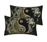 Yin Yang Dragon Tiger Print Pillow Case 30x50cm, Set Of 2, Linen Throw Cushion Covers, Decorative Throw Pillow Covers
