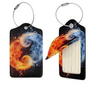 yin yang fire Water Luggage Tag PU Leather Suitcase Tags Identifiers Travel Tags with Privacy Protection and Stainless Steel Loop Luggage Bag Tag for Women Men, Black, 4 pcs